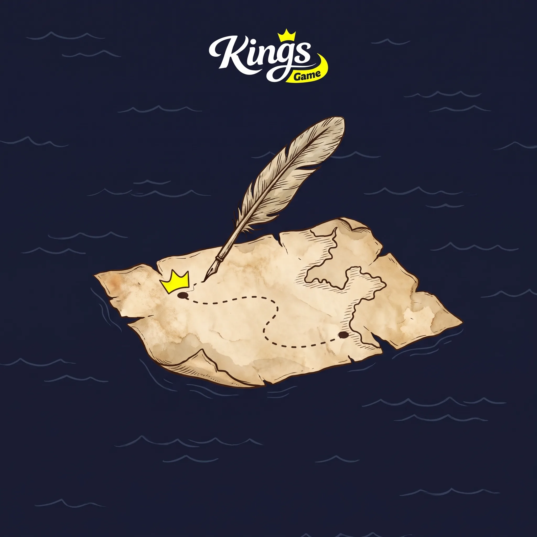 Kings Game registration illustration with a quill and royal map