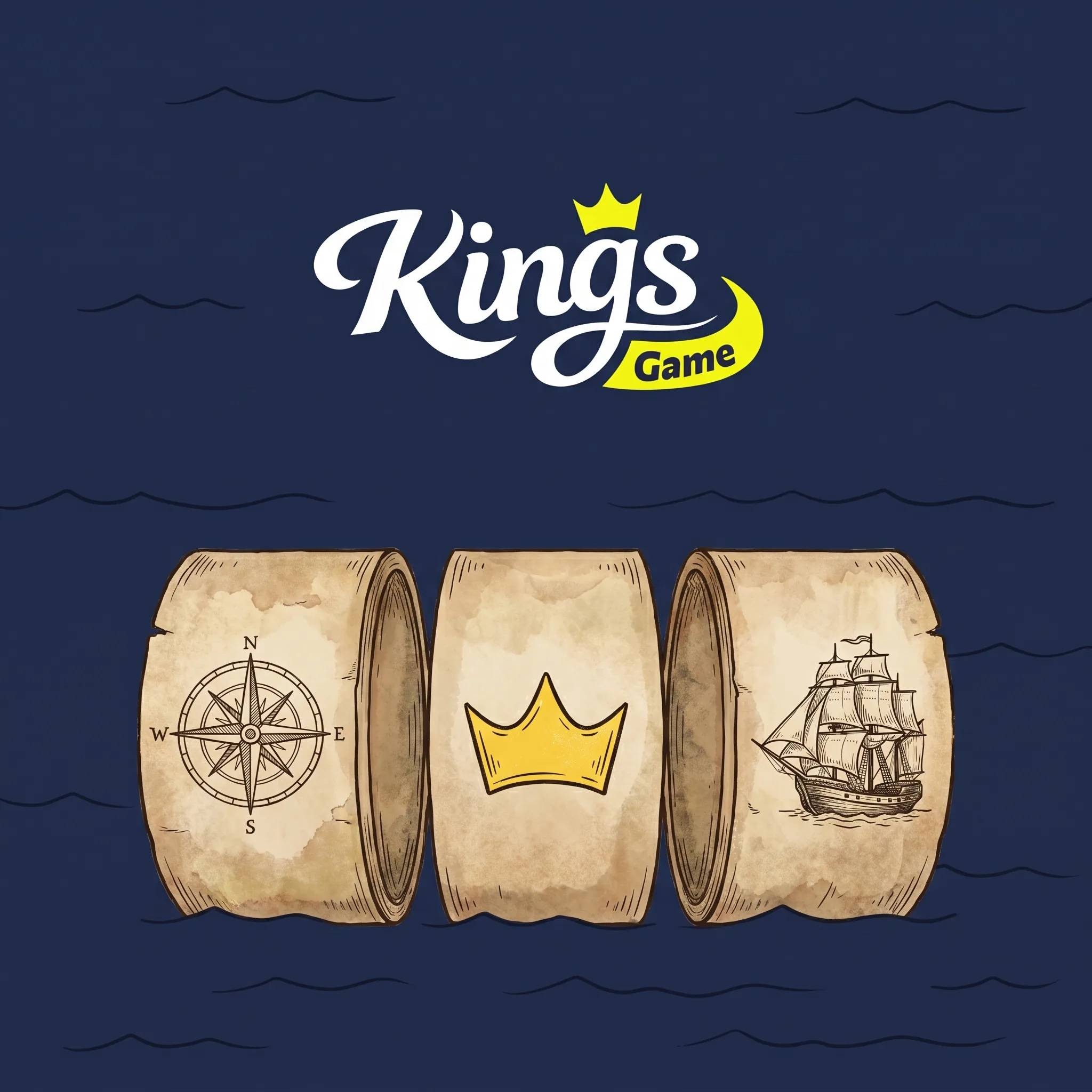 Kings Game slot reels with a compass, crown and sailing ship